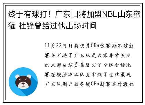 终于有球打！广东旧将加盟NBL山东蜜獾 杜锋曾给过他出场时间